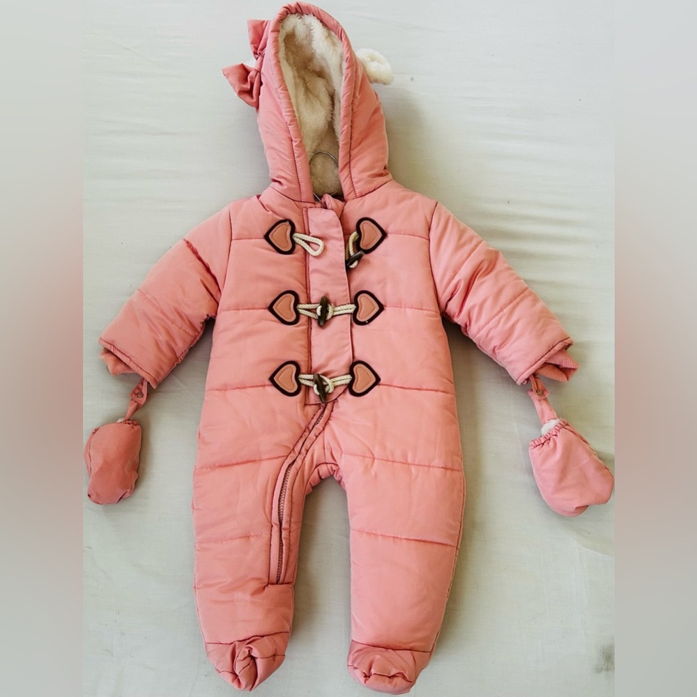 Pink Baby Winter Snowsuit with Hood and Mittens